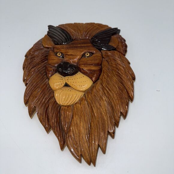 Intarsia Wood Handcrafted Lion Wall Art Hanging Plaque King Of The Jungle 9” - Picture 2 of 13